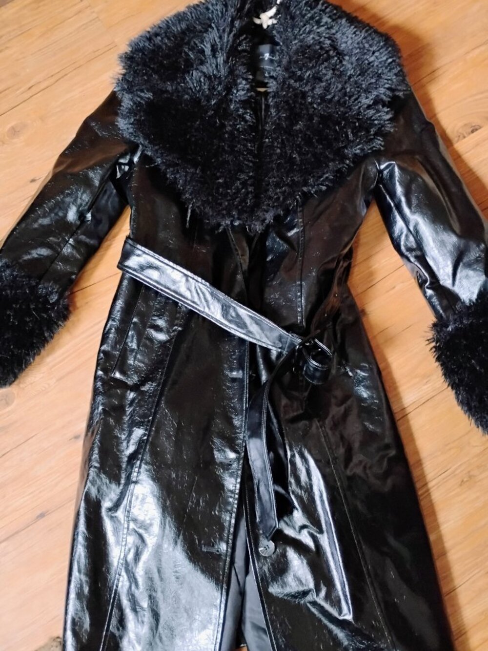 Long shiny 7 for all Mankind  Black Trench Coat Faux Fur Trim Penny Lane L